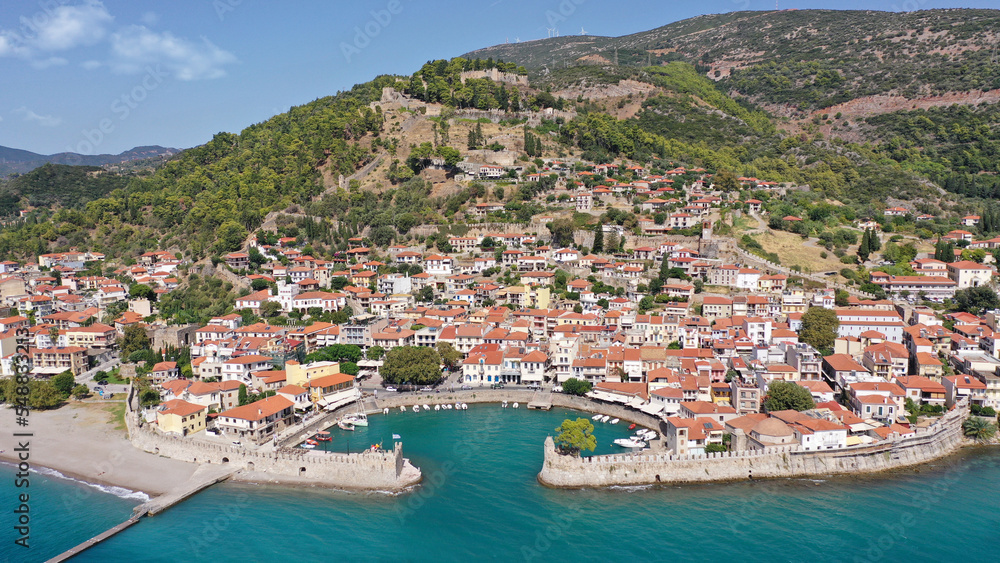 Aerial drone photo of picturesque old city of Nafpaktos famous for Venetian old harbour resembling a small fortified port, Greece