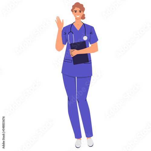 Nurse is standing and showing a welcoming gesture with her hand. Medical doctor with stethoscope and wearing scrubs. Character is holding a clipboard. Isolated on a white background. Flat vector.