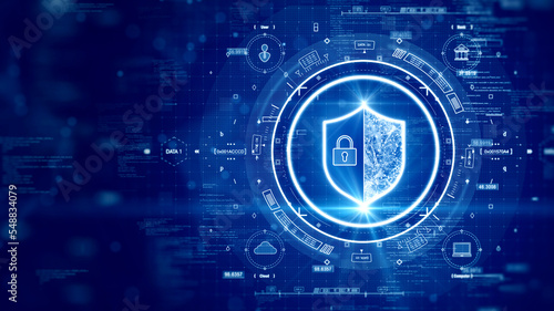 digital technology concept cyber security data protection internet network connection. The prominent shield in the middle of HUD on the right. Binary code connected polygons on dark blue background.