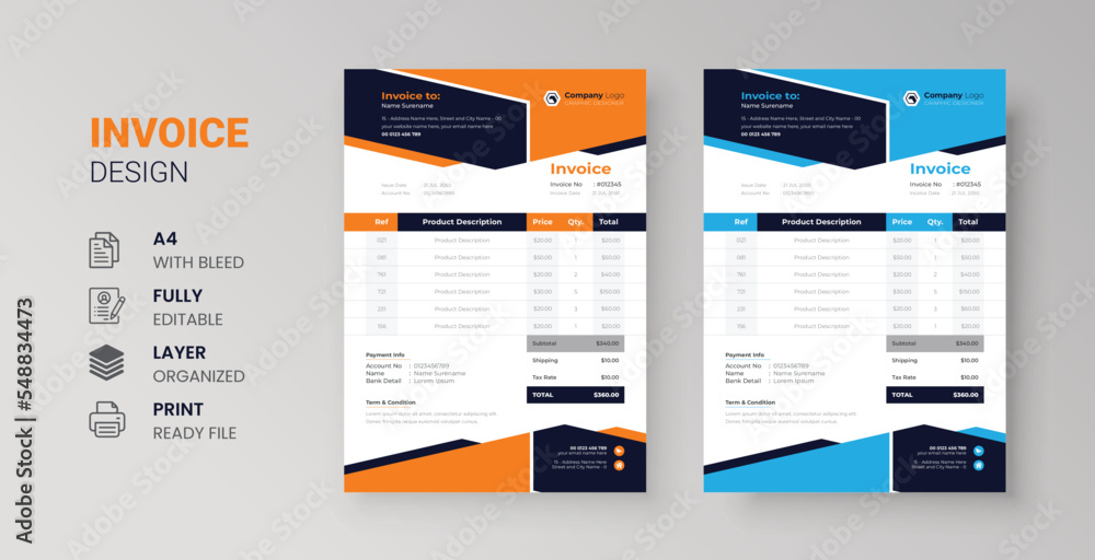 Clean modern invoice design for corporate business marketing company balance sheet letterhead design