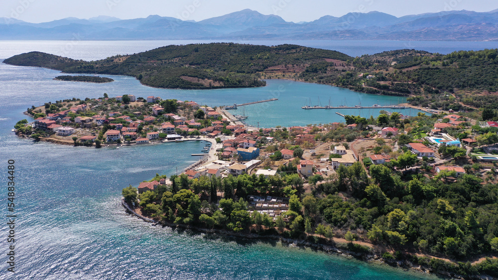 Aerial drone photo of picturesque small island of Trizonia the only inhabited island in Corinthian gulf, Central Greece