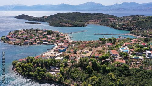 Aerial drone photo of picturesque small island of Trizonia the only inhabited island in Corinthian gulf, Central Greece © aerial-drone