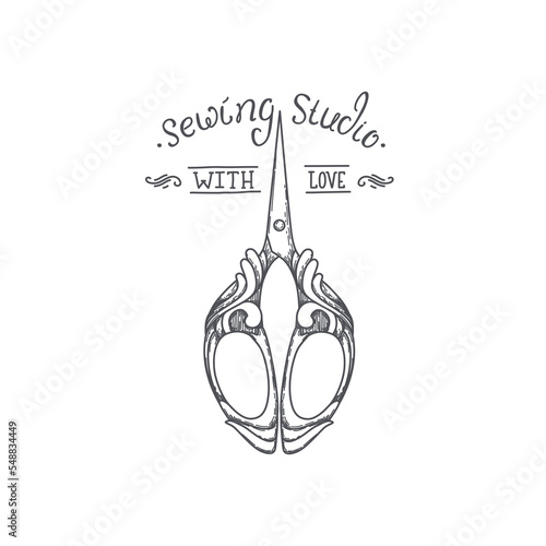 Tailor label, emblems and design element. Individual shop. Sewing logo design concept hand drawn vector illustration isolated on white background.