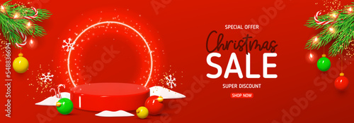 Merry Christmas and Happy New Year banner. Merry Christmas and New Year banner with red podium, neon podium and decoration elements. Realistic 3d vector illustration for promotion goods.