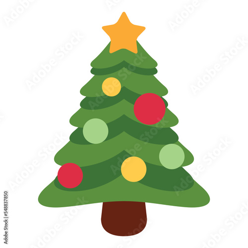 Christmas Tree vector flat colorful icon emoji design. Isolated an evergreen tree decorated with lights and ornaments to celebrate Christmas. Depicted with round, variously colored ornaments and star 
