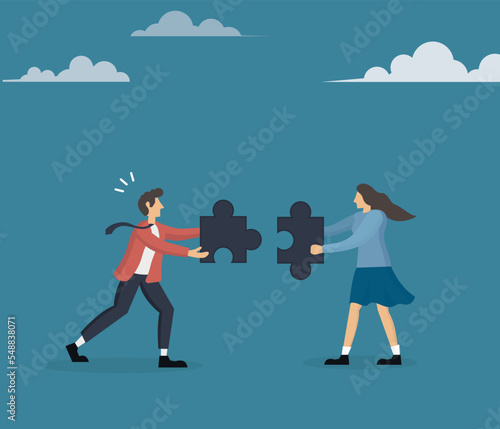 team work. Team Building concept. People business group. Two coworkers putting together puzzle pieces. editable vector.
