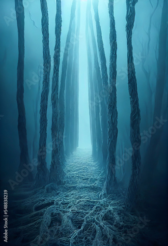night forest in the moonlight with symmetrical trees 3D rendering