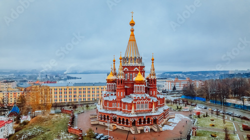 St. Michael the Archangel Cathedral. Aerial View. Beautiful cathedral with golden domes. The main architectural landmark of Izhevsk, Russia. Popular tourist destination. 