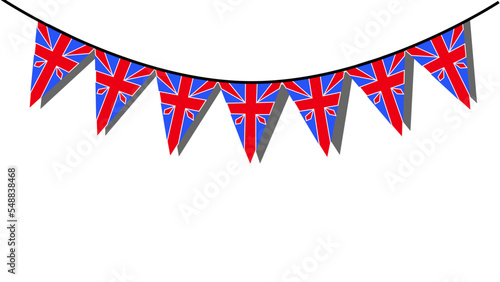 Banderines en forma triangular de la bandera de Reino Unido, colgados sobre una pared de fondo blanco haciendo sombra. Vector de bandera de Reino Unido.