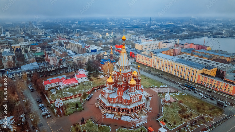 St. Michael the Archangel Cathedral. Aerial View. Beautiful cathedral with golden domes. The main architectural landmark of Izhevsk, Russia. Popular tourist destination. 