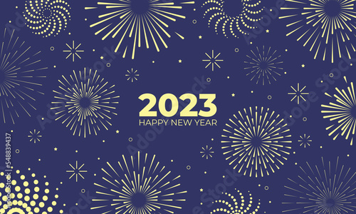 Happy new year 2023. Elegant fireworks vector illustration on blue background . Concept for holiday decor, card, poster, banner, flyer