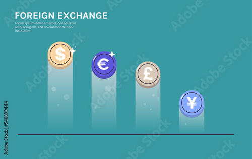 International currency coins and dollar, euro, pound, yen on background horizontal full length flat vector illustration.
