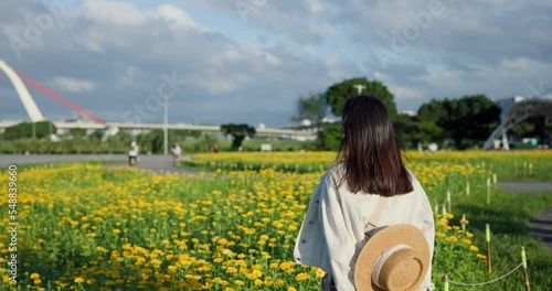 Woman enjoy the flower field in Dajia Riverside Park in Taipei city photo