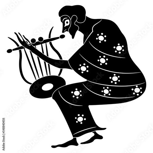 Seated ancient Greek man playing harp. Antique musician. Vase painting style. Black and white negative silhouette.