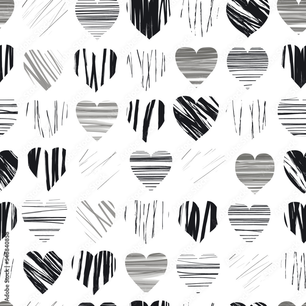 Fototapeta premium Seamless black and white pattern with hand drawn hearts. Brush texture.
