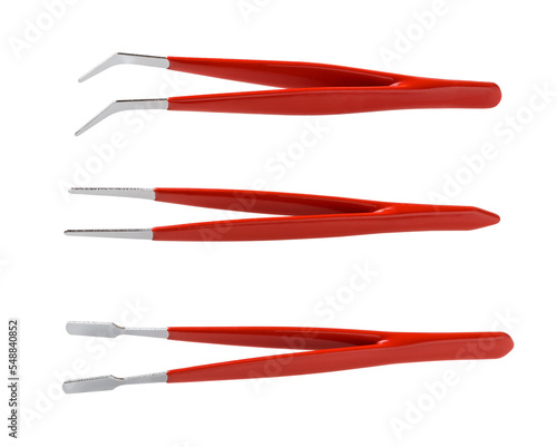 Set of steel tweezers with insulated handles cutout. Technical tweezers with straight, broadbroad and curved tips isolated on a white background. Tools for precise work with small details.