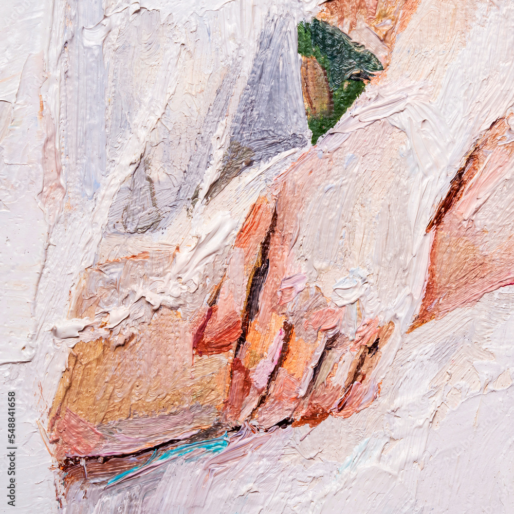 Macro. Textured art. Fragment of oil painting. Arms. Portrait of a girl.