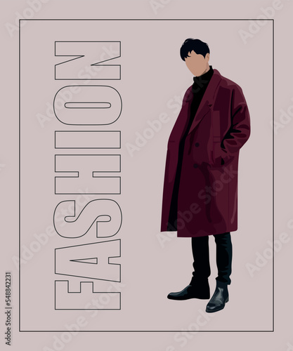 Stylish man. Stylish guy on an interesting gray background with the inscription fashion. Cartoon male characters. Men in fashion clothes. Flat style vector illustration.