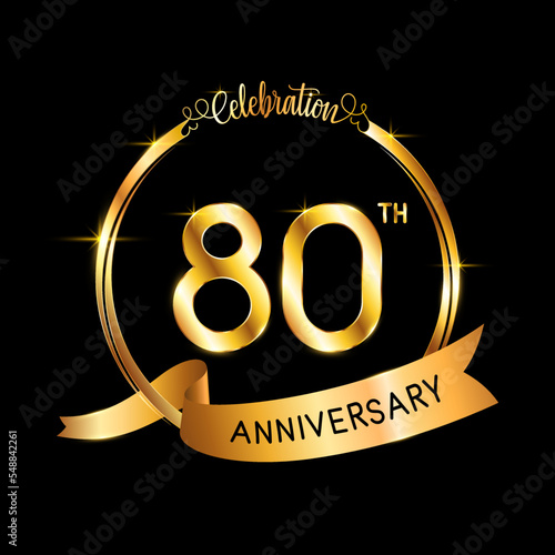 80th Anniversary. Perfect template design for Anniversary celebration event with gold color ribbon and ring, vector illustration