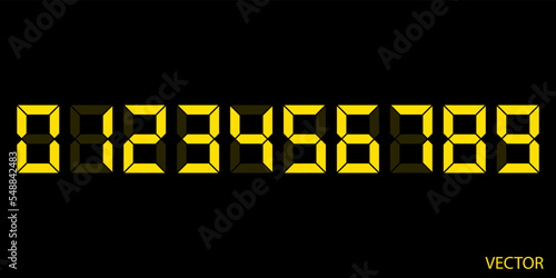 Zero to Nine Yellow digital electronic clock numbers set. LCD LED digit set for the counter, clock, calculator mockup in flat style design for website, app, UI, isolated on black background. Vector.