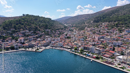 Aerial drone photo of small seaside town of Amfilochia in Ambracian gulf, central Greece