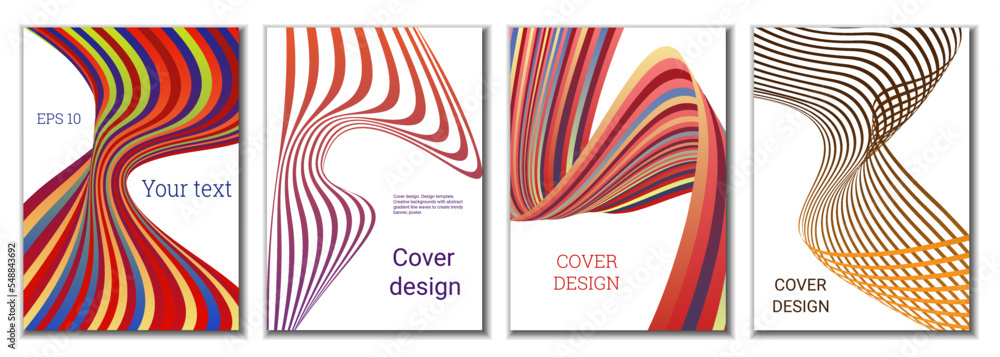 A set of 4 abstract covers. Wavy parallel gradient lines, ribbons evolve. Cover design, background. Trendy banner, poster. A set of 4 abstract covers. Wavy parallel gradient lines, ribbons evolve. Cover design, background. Trendy banner, poster.