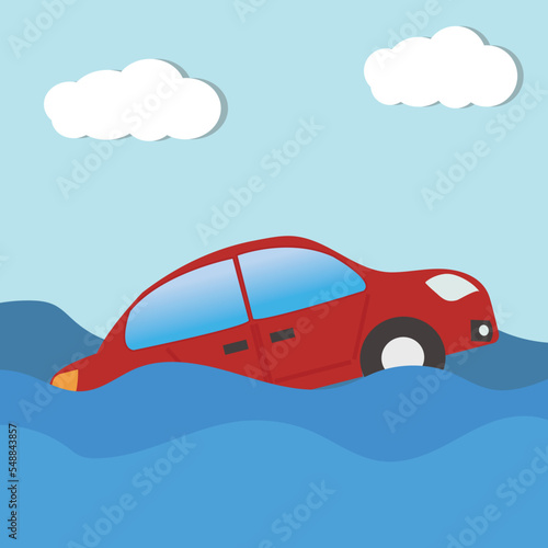 Vector of insurance concept about accident red car have fall to river or flood , insurance company use for banner if insurance indetail accident car insure online sale shooping business illustration. photo