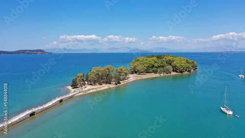 Aerial drone photo of small islet of Koukoumitsa in picturesque seaside village of Vonitsa, Western Greece