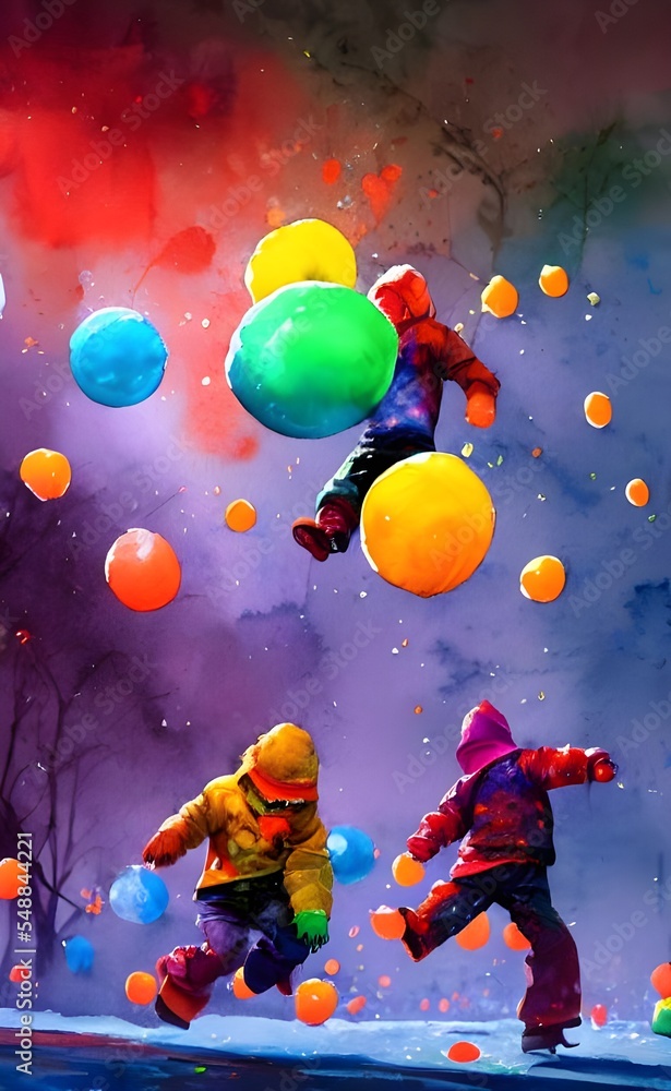 Naklejka premium There are kids throwing snowballs in the winter. They are laughing and having a great time. The snow is falling gently around them, making everything look beautiful.