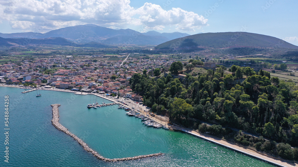Aerial drone photo of iconic medieval castle built in small hill overlooking city of Vonitsa, Ambracian gulf, Greece Aerial drone photo of iconic medieval castle built in small hill overlooking city of Vonitsa, Ambracian gulf, Greece