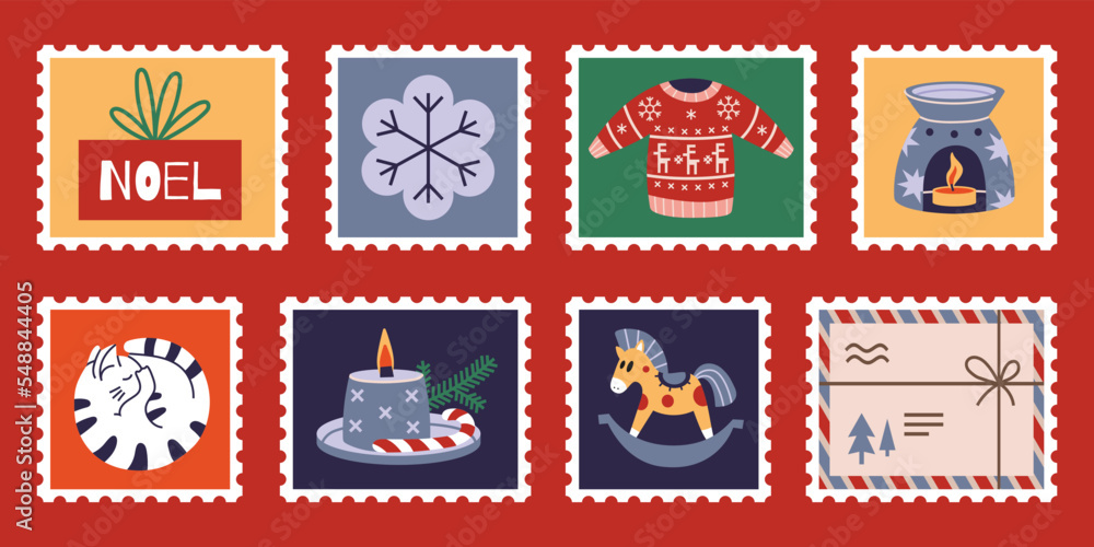 Set of cute hand-drawn post stamps with Christmas and New Year attributes, gift, cat, sweater, candle. Trendy vector illustartions in Cartoon style.