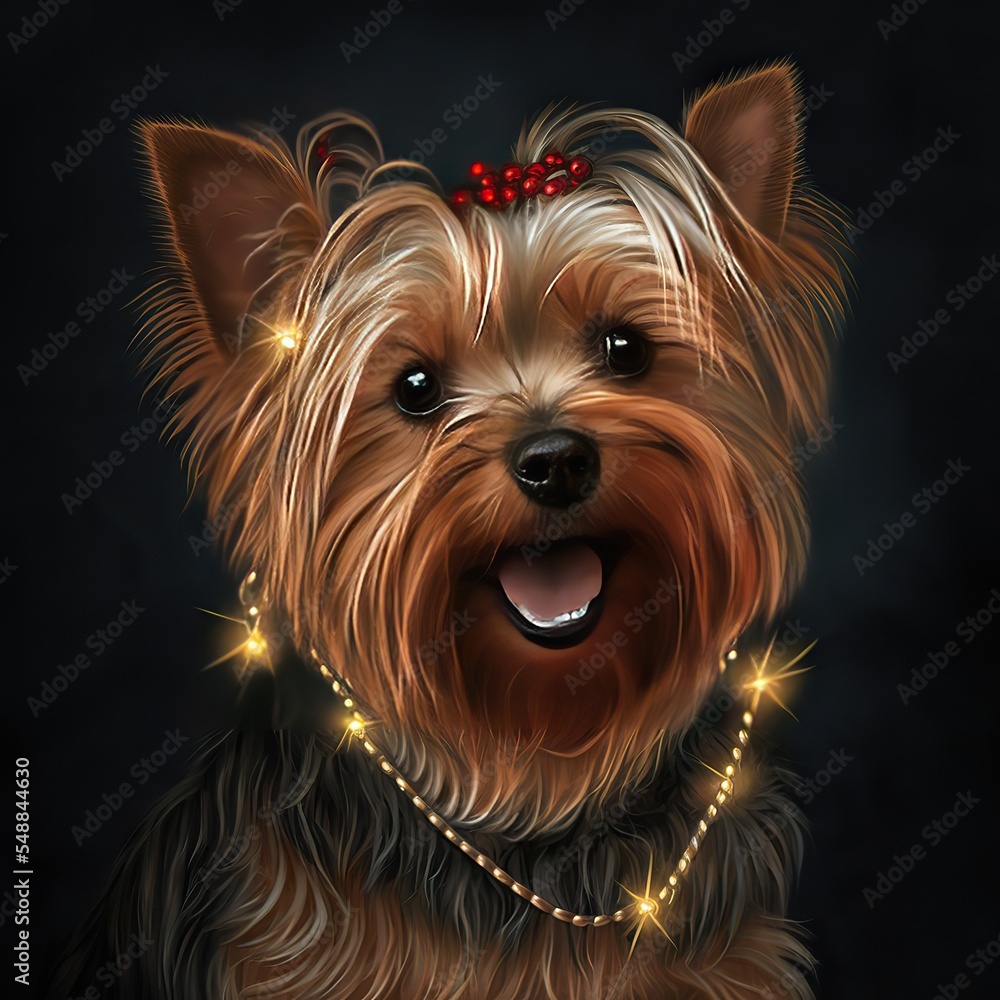 Yorkshire terrier portrait, with the golden chain of Christmas lights 