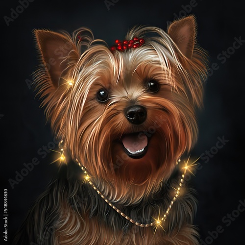 Yorkshire terrier portrait, with the golden chain of Christmas lights 