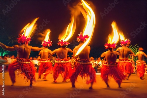 Fototapeta Luau hawaiian fire dancers motion blur tourist attraction in Hawaii or French Polynesia, traditional polynesian dance with men dancer