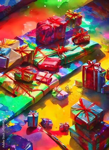 The room is filled with presents of all shapes and sizes. Some are wrapped in beautiful paper, while others sit under the tree waiting to be opened. Excitement fills the air as children anxiously awai © dreamyart