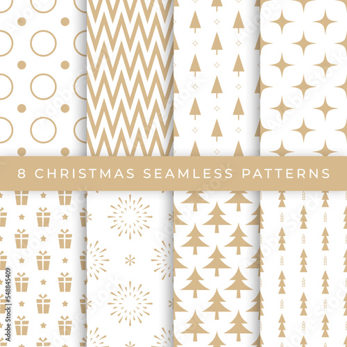 Set of gold or beige Christmas and New Year vector seamless patterns. Global colors, easy to edit. Stock design illustration