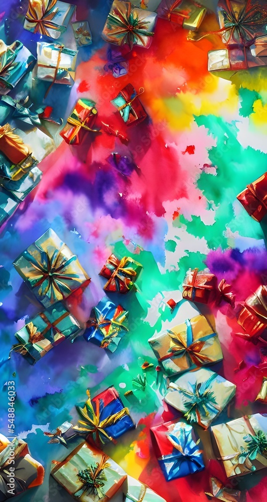 The room is filled with presents of all shapes and sizes. Mountains of wrapping paper lay scattered on the floor, along with torn up ribbon and bits of tissue paper. It looks like a snowstorm hit in h