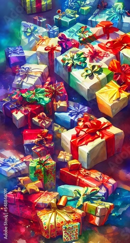 The picture shows a pile of presents with brightly wrapped packages and ribbons. The gifts are piled high, and some are toppling over. It looks like a lot of fun to open these presents! © dreamyart