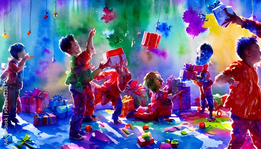 The kids are sitting in a circle around the Christmas tree. They are tearing open their presents excitedly. Some of the children are laughing and some have looks of pure joy on their faces. The kids are sitting in a circle around the Christmas tree. They are tearing open their presents excitedly. Some of the children are laughing and some have looks of pure joy on their faces.