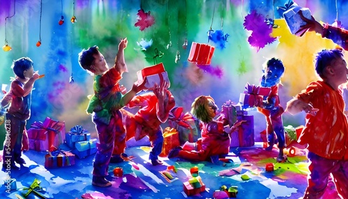 The kids are sitting in a circle around the Christmas tree. They are tearing open their presents excitedly. Some of the children are laughing and some have looks of pure joy on their faces.