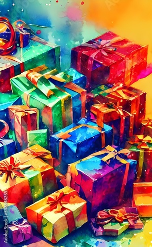I am surrounded by presents, all wrapped in brightly colored paper and trimmed with fluffy white ribbon. Giant red bows top some of the bigger boxes, while smaller gifts are tucked away into socks hun photo