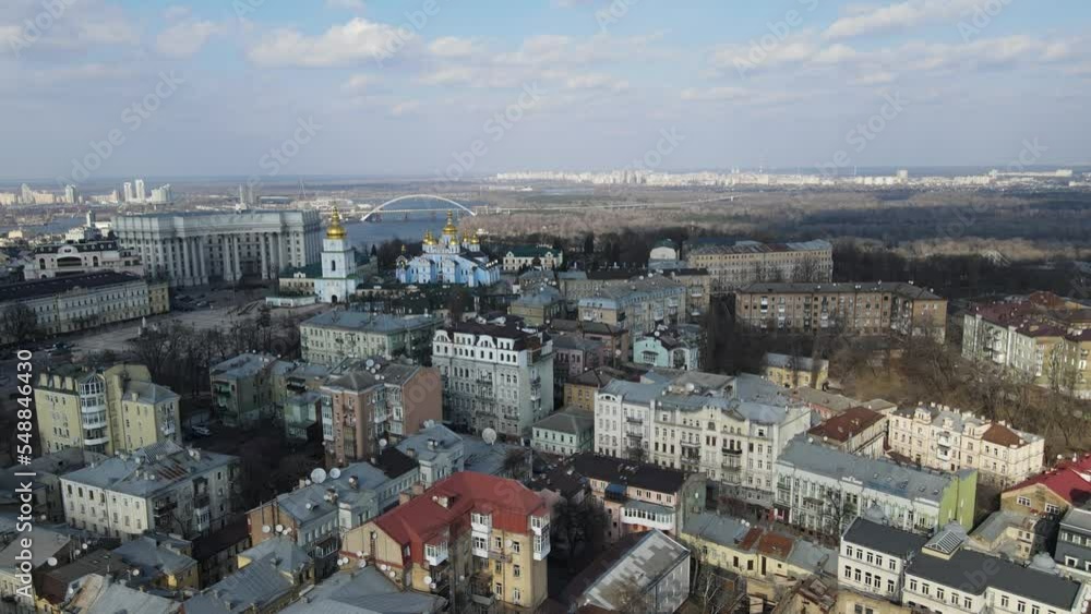 Kyiv, Ukraine - March, 2021: Middle of day aerial view on foggy city and St. Michael's Golden-Domed Monastery 4k Kyiv, Ukraine - March, 2021: Middle of day aerial view on foggy city and St. Michael's Golden-Domed Monastery 4k