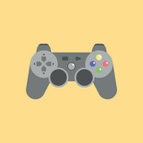 Icon illustration of a retro game controller with colored buttons for a game console on the background.