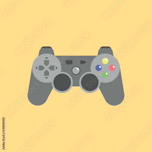 Icon illustration of a retro game controller with colored buttons for a game console on the background.