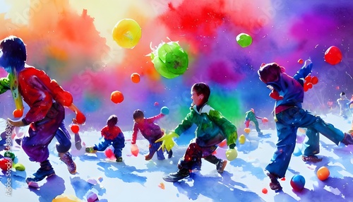 A group of kids are throwing snowballs in a winter wonderland. They're laughing and enjoying the cold weather while their parents watch from the sidelines.