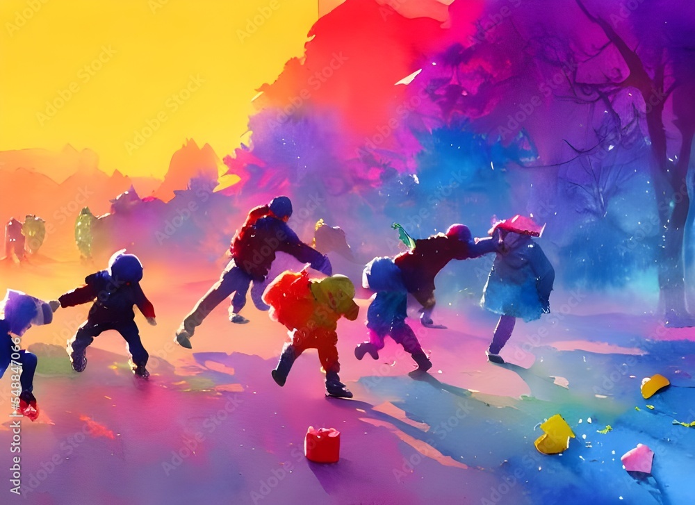 The kids are gathered around in a group, laughing and playfully throwing snowballs at each other. The scene is set against a backdrop of tall evergreen trees and soft looking snow that's freshly falle The kids are gathered around in a group, laughing and playfully throwing snowballs at each other. The scene is set against a backdrop of tall evergreen trees and soft looking snow that's freshly falle