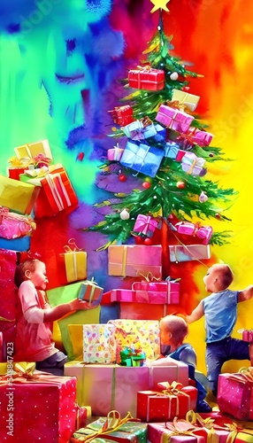 The kids are eagerly tearing open their Christmas gifts. They seem to be really happy with what they're getting. There's a lot of laughter and shouting going on. © dreamyart
