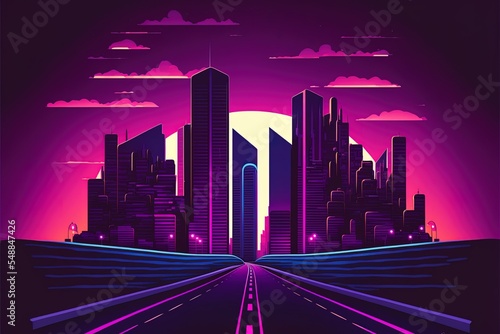 Road To Night City  Empty Highway And Glowing Skyline With Futuristic Urban Architecture  Megapolis Infrastructure With Modern Skyscraper Buildings  Purple Neon Background  Cartoon 2D Illustrated