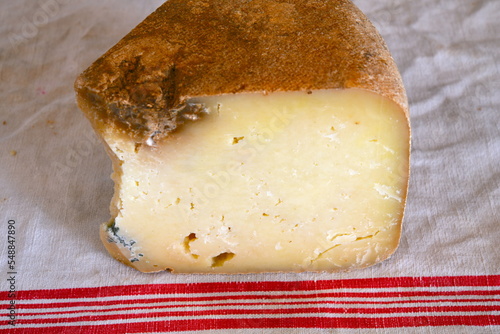 Pièce de tome de fromage du pays posée sur un torchon blanc rayé rouge, Ossau, Iraty, Béarn, France photo