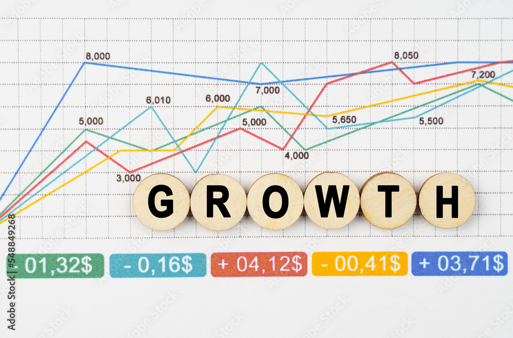 On the financial charts are wooden mugs with the inscription - GROWTH On the financial charts are wooden mugs with the inscription - GROWTH